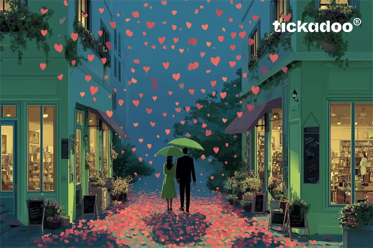 Anniversary gift card showing a couple beneath a shower of hearts