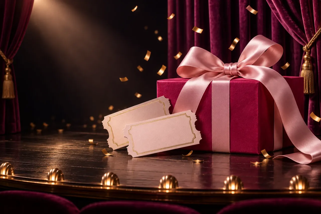 Theater gift illustration with velvet curtains and a ribbon-wrapped present