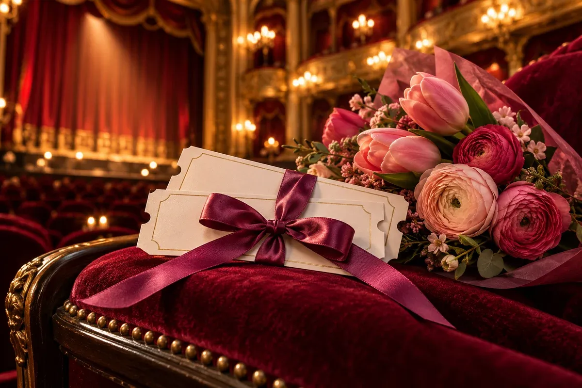 Ribbon-wrapped theater tickets and pink flowers on a velvet theater seat for Mother’s Day