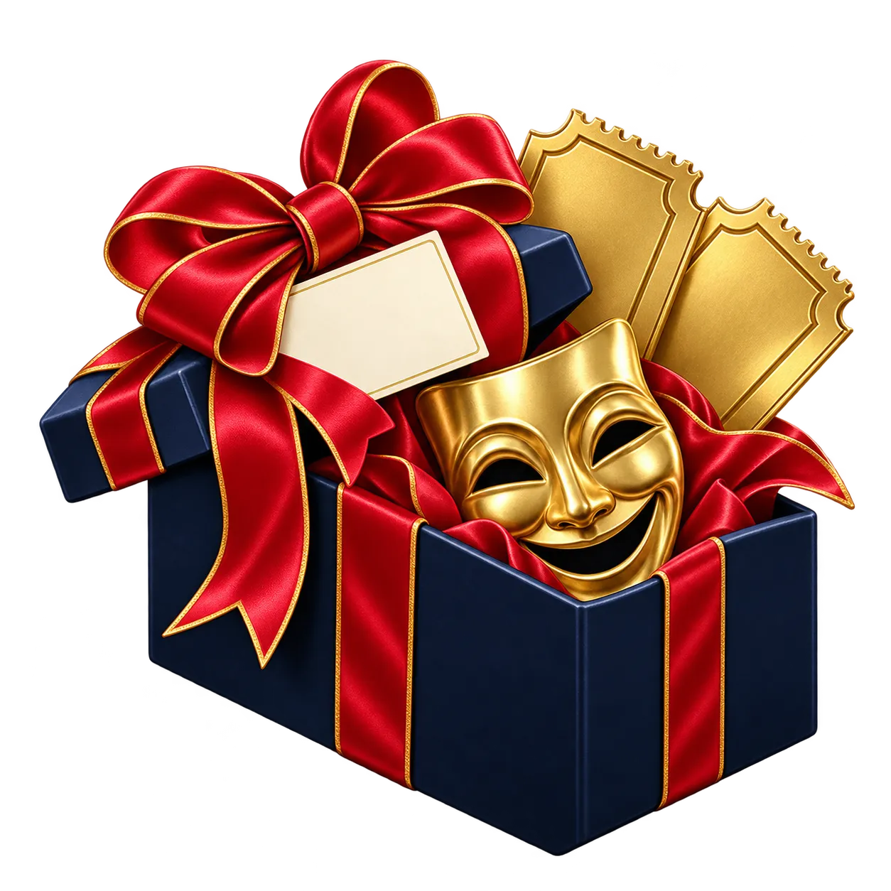 Theater gift box with golden tickets and a theater mask
